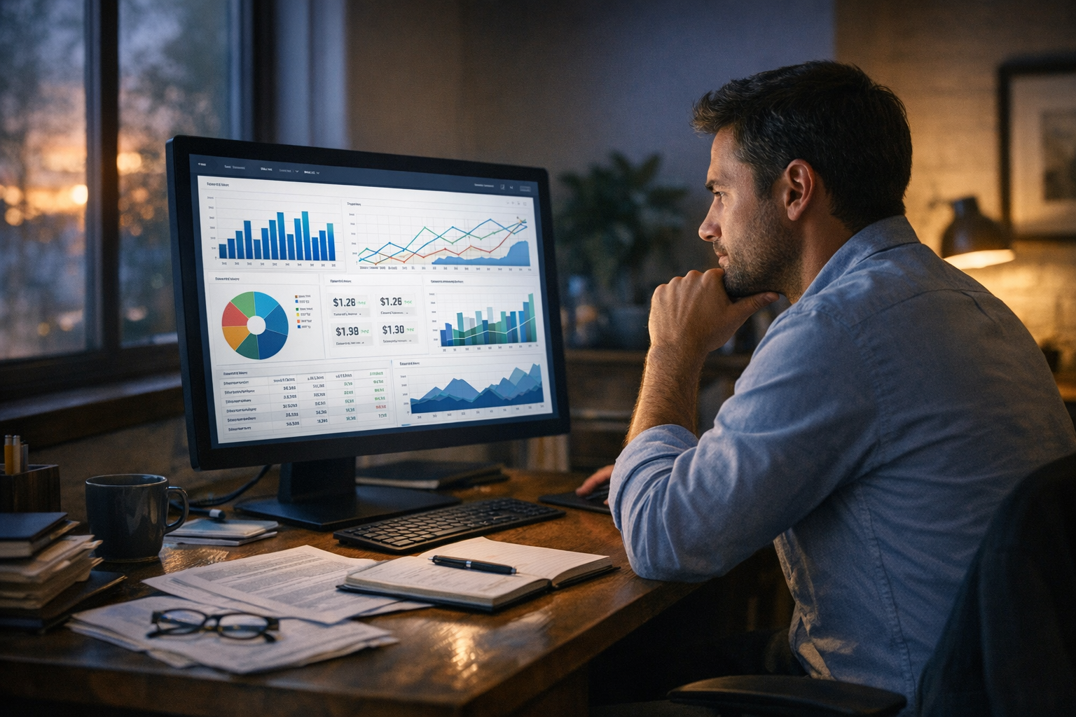 Worker Analyzing Dashboard Report with Graphs and Charts